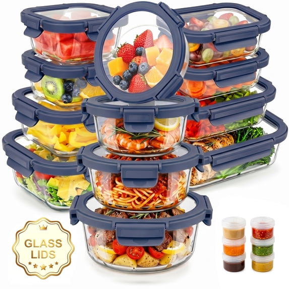 36 Pcs Glass Food Storage Containers with Tempered Lids Set, Borosilicate Oven-Safe(-4°F~950°F), Airtight Meal Prep Lunch Box Containers (18 Containers & 18 Lids), Blue