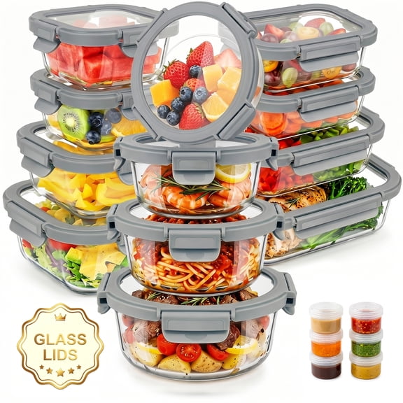 36 Pcs Glass Food Storage Containers with Tempered Lids Set, Borosilicate Oven-Safe(-4°F~950°F), Airtight Meal Prep Lunch Box Containers (18 Containers & 18 Lids), Grey
