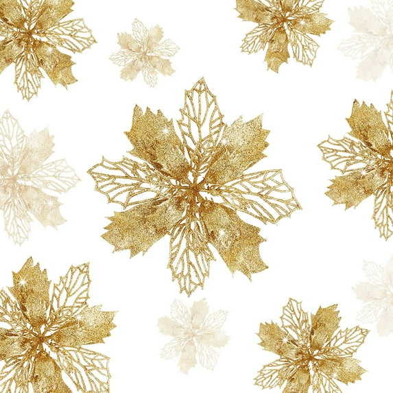 36pcs Glitter Poinsettia Flowers Artificial - Gold Poinsettia Christmas Tree Decorations Flowers Ornaments for Xmas Holiday Wedding Wreath Home Decor (Gold,3 Size)