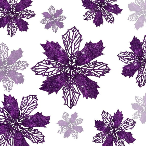 36pcs Glitter Poinsettia Flowers Artificial - Purple Poinsettia Christmas Tree Decorations Flowers Ornaments for Xmas Holiday Wedding Wreath Home Decor (Purple,3 Size)