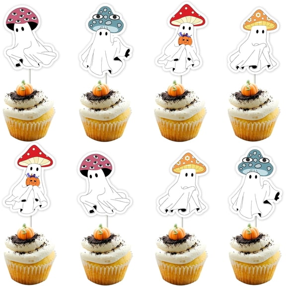 36pcs Halloween Mushroom Cake Toppers Halloween Ghosts Mushroom Table Decors Halloween Ghosts Mushroom Party Supplies Halloween Mushroom Decorations for Birthday Baby Shower