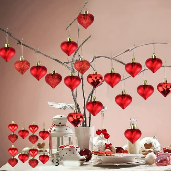 36pcs Heart-Shaped Decorative Ornaments - Matte/Glitter/Sparkle Finish Pendant for Holy Wreaths, Party Decor, Gift Wrapping & Valentine's Day Crafts - Small Cute Heart Charms, 1.77*2.36in, Red
