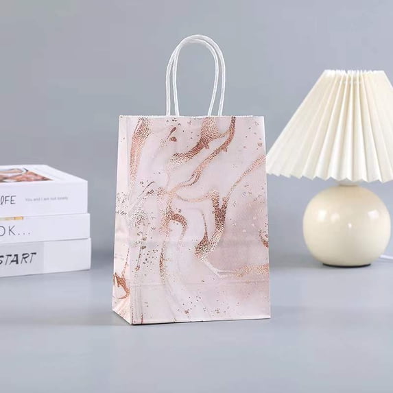 36pcs Kraft Paper Bags with Handle Gift Bags Shopping Bags Rectangle with Marble Pattern Pink 15x8x21cm