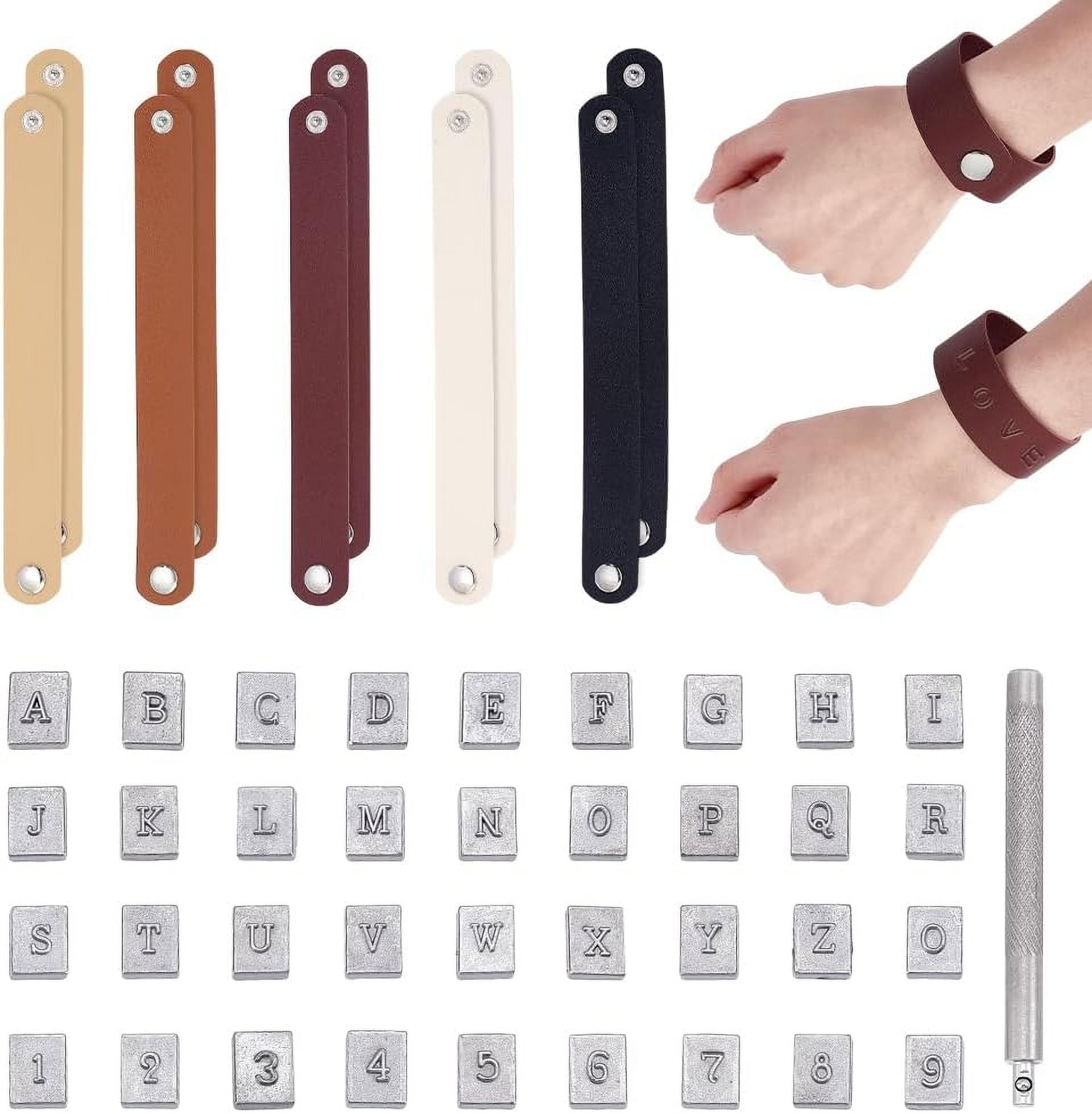 36pcs Leather Stamping Tools Letter Number Stamping Punches 13x10mm Leathercraft Metal Stamp with 10pcs 5 Colors Snap Bracelets Blank Bracelet Making Kits for DIY Craft Jewelry Making Mixed Color