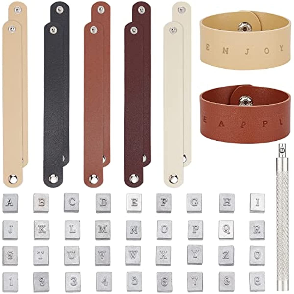 36pcs Leather Stamping Tools Letter Number Stamping Punches 13x10mm Leathercraft Metal Stamp with 10pcs 5 Colors Snap Bracelets Blank Bracelet Making Kits for DIY Craft Jewelry Making