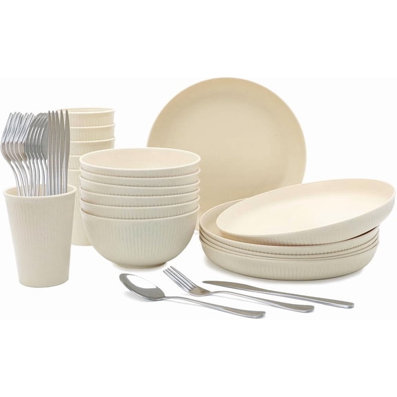 36pcs Reusable Wheat Straw Dinnerware Sets,Unbreakable Cups Plates and Bowls Sets,Durable Kitchenware Dishes Set for Home, Office, Travel,Picnic