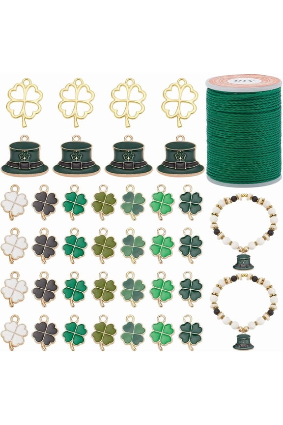 36pcs Saint Patrick's Day Charms Irish Jewelry Making Kit Clover Hat Pendants Enamel Green Dangle Charms Four-Leaf Charms with Waxed Cord for Women Bracelet Necklace Jewelry Making Crafts 1 Set