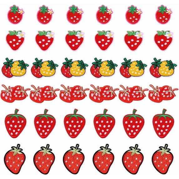 36pcs Strawberry Iron on Patches Fruit Sew on Patches 6 Styles Cute Red Embroidered Applique Patches Sewing Patches Decorative