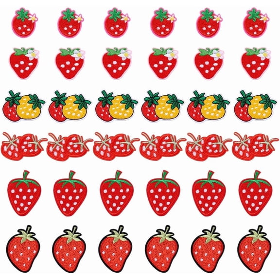 36pcs Strawberry Iron on Patches Fruit Sew on Patches 6 Styles Cute Red Embroidered Applique Patches Sewing Patches Decorative