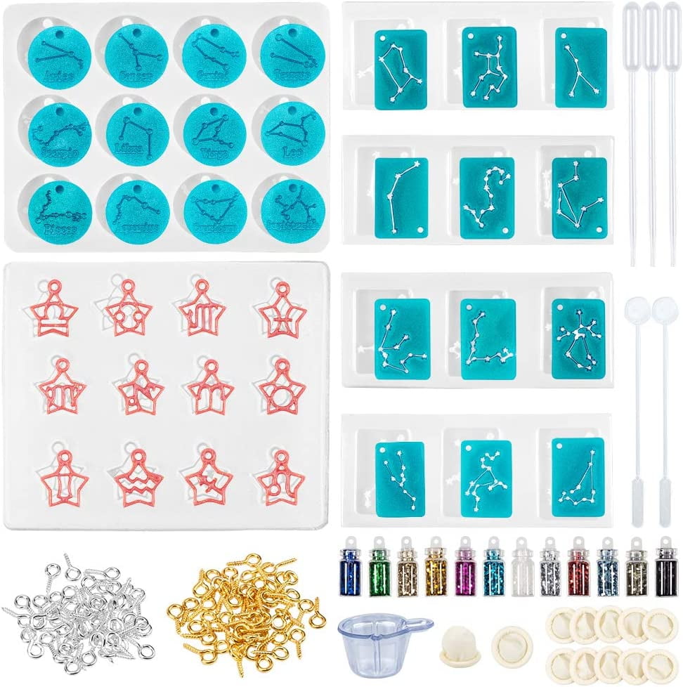 36pcs Twelve Zodiac Signs Silicone Molds Constellation Pendants Resin Casting Mold Kit of Three Styles with Sequins and Tools DIY