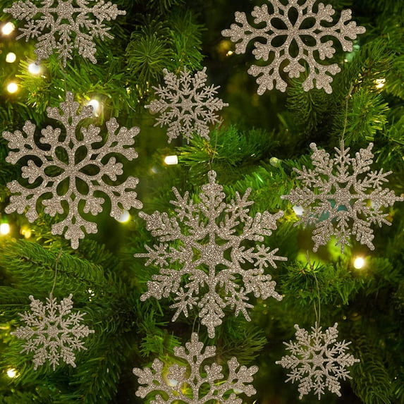 36pcs White Snowflake Ornaments Plastic Glitter Snow Flakes Ornaments for Winter Christmas Tree Decorations Size Varies Craft Snowflakes
