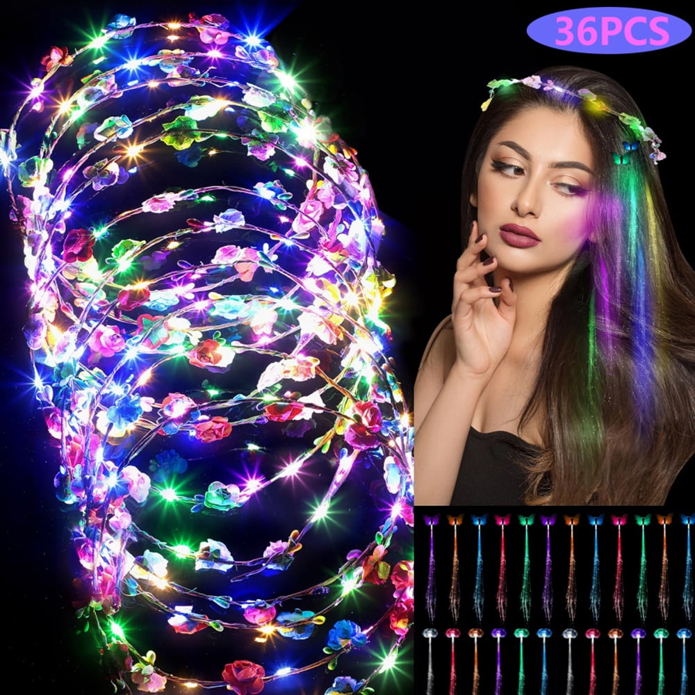36pcs light-up headwear (12* light-up headbands, 12* transparent light-up braids, 12* light-up butterfly braids) suitable for parties, weddings, birthdays, photography, camping trips, and concerts