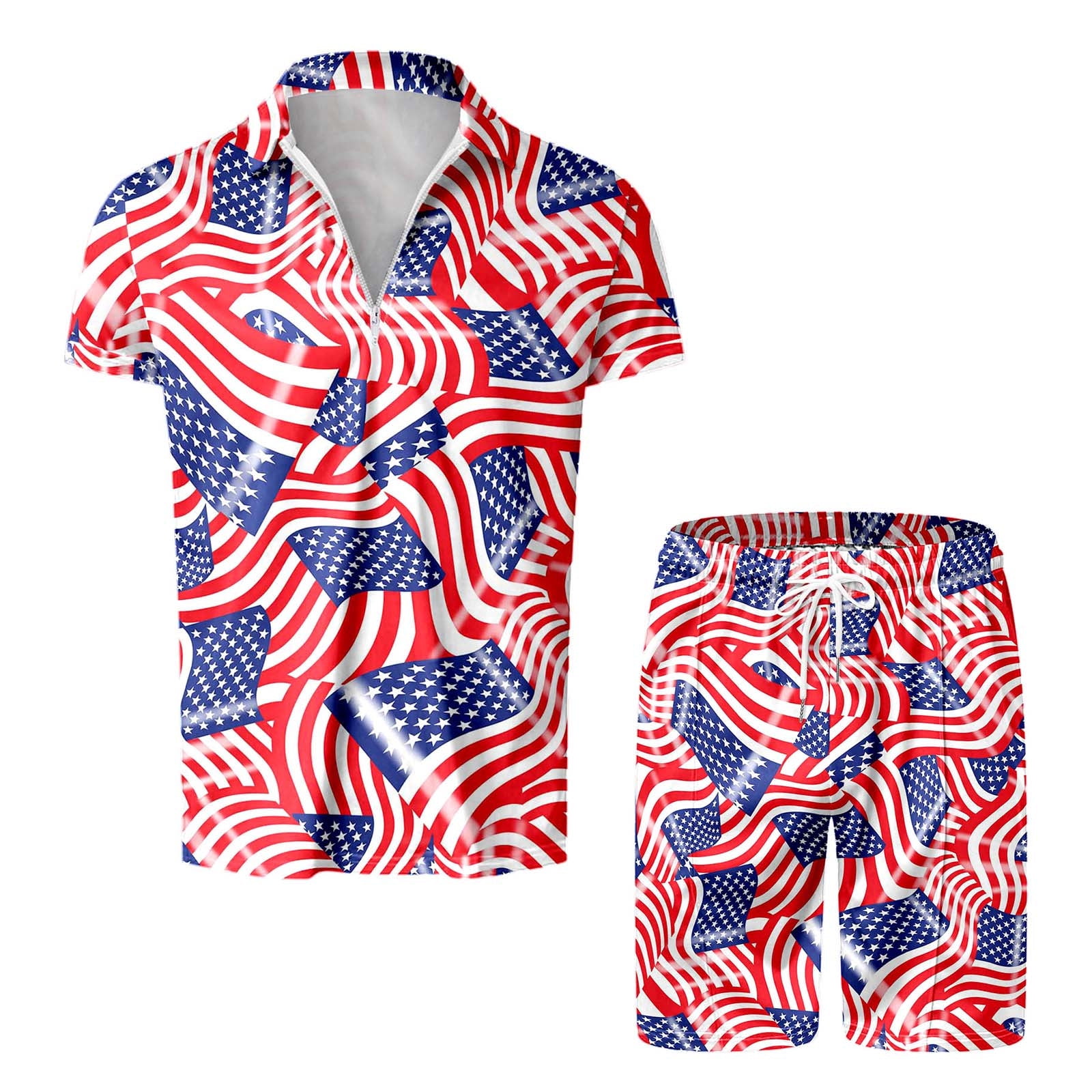 36s Suit Mens Tux Men's Short Sleeve Independence Day Prints Zip Up