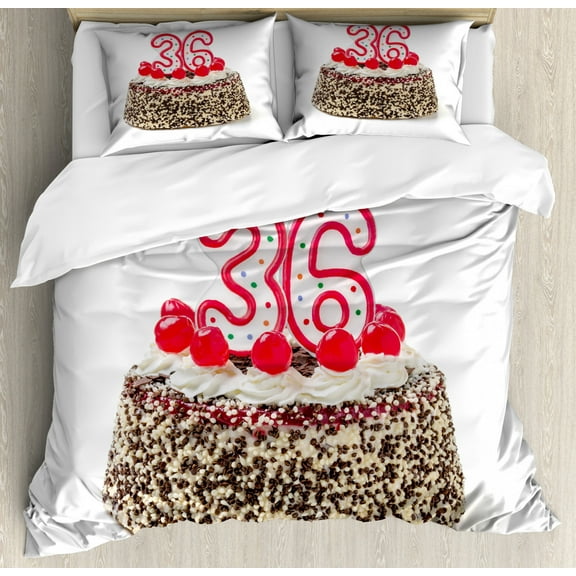36th Birthday Duvet Cover Set Queen Size, Happy Birthday Party Theme Cake with Candles and Sprinkles Artwork Print, Decorative 3 Piece Bedding Set with 2 Pillow Shams, Multicolor, by Ambesonne