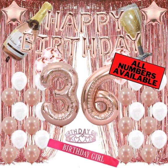 36th Birthday Rose Gold Decorations - 40" Number Balloons, Foil Curtains & More