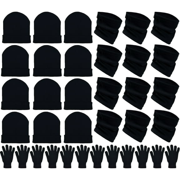 36x Winter Gloves, Beanies, Neck Warmers Unisex Bulk Pack Donation Charity Care Bundle (Black)