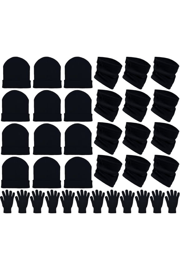 36x Winter Gloves, Beanies, Neck Warmers Unisex Bulk Pack Donation Charity Care Bundle (Black)