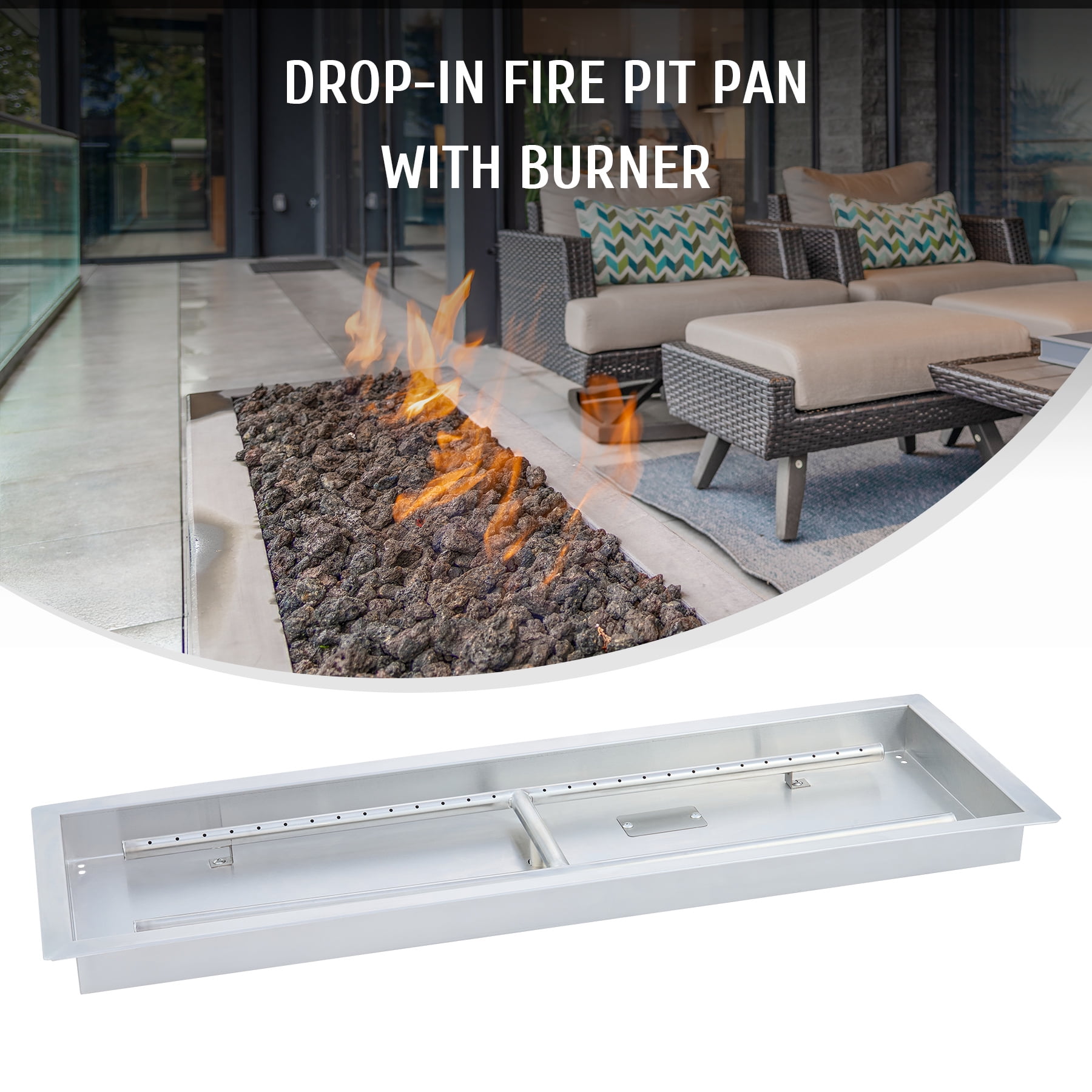 36x12 Inch Fire Pit Pan with Burner DropIn Gas Propane Fireplace Tray