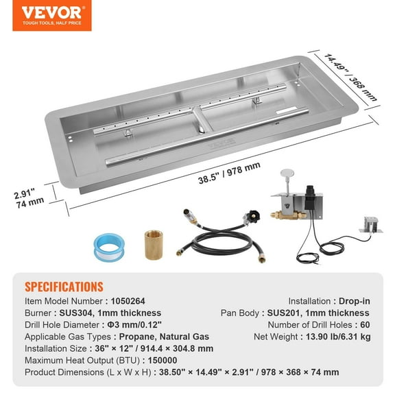 36x12 Inch Stainless Steel Drop-in Fire Pit Pan - Rectangular H-Burner Kit, 150K BTU for Natural/Propane Gas, Indoor & Outdoor Use - Durable & High Efficiency