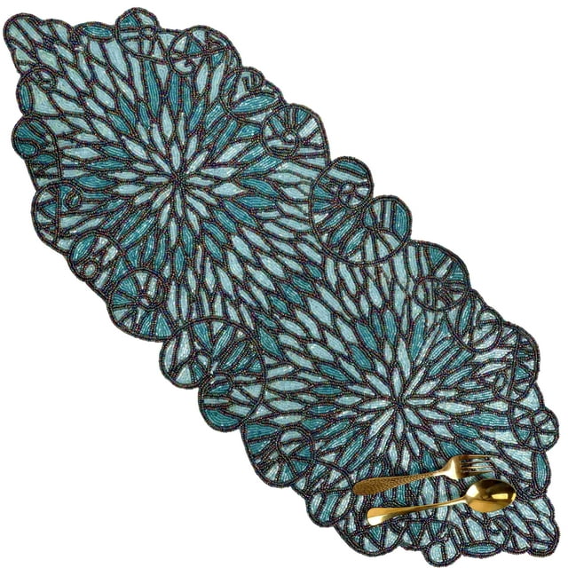 36x13-in Handmade Floral Decorative Glass Beaded Table Runner for Tabletop Decor - Blue & Aqua