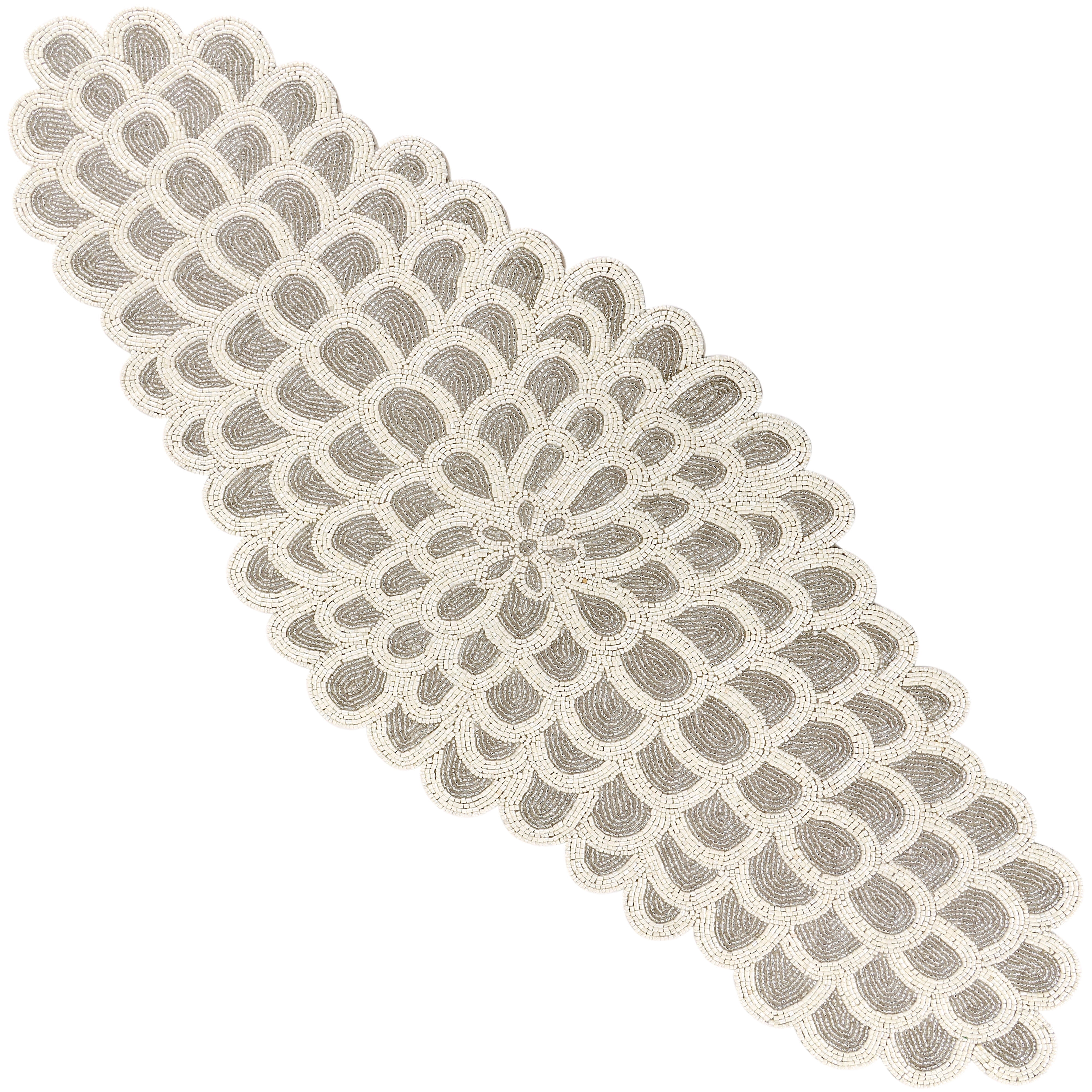 Handcrafted Glass Beaded Table Runner - Elegant Decorative Dining Table Décor (White Silver)