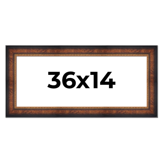 36x14 Frame Brown Walnut Gold Ornate Trim Solid Wood Plein Air Picture Frame | 3 Inch Moulding