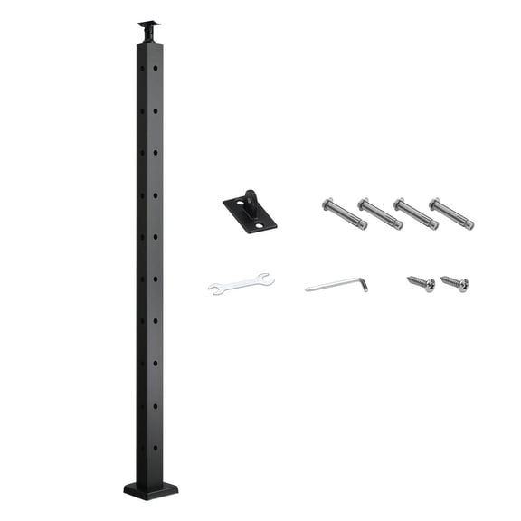 36x1x2 Inch Corner Cable Railing Post, L-Shape Pre-Drilled, Stainless, Horizontal & Curved Bracket, Black, 1-Pack