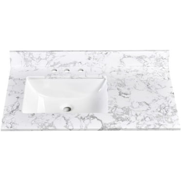 36x22 Inch Bathroom Vanity Tops,White Engineered Stone Vanity Top with Sink,with Left Offset Sink,Vanity Countertop 8 Inch Faucet 3 Hole Spread with Backsplash
