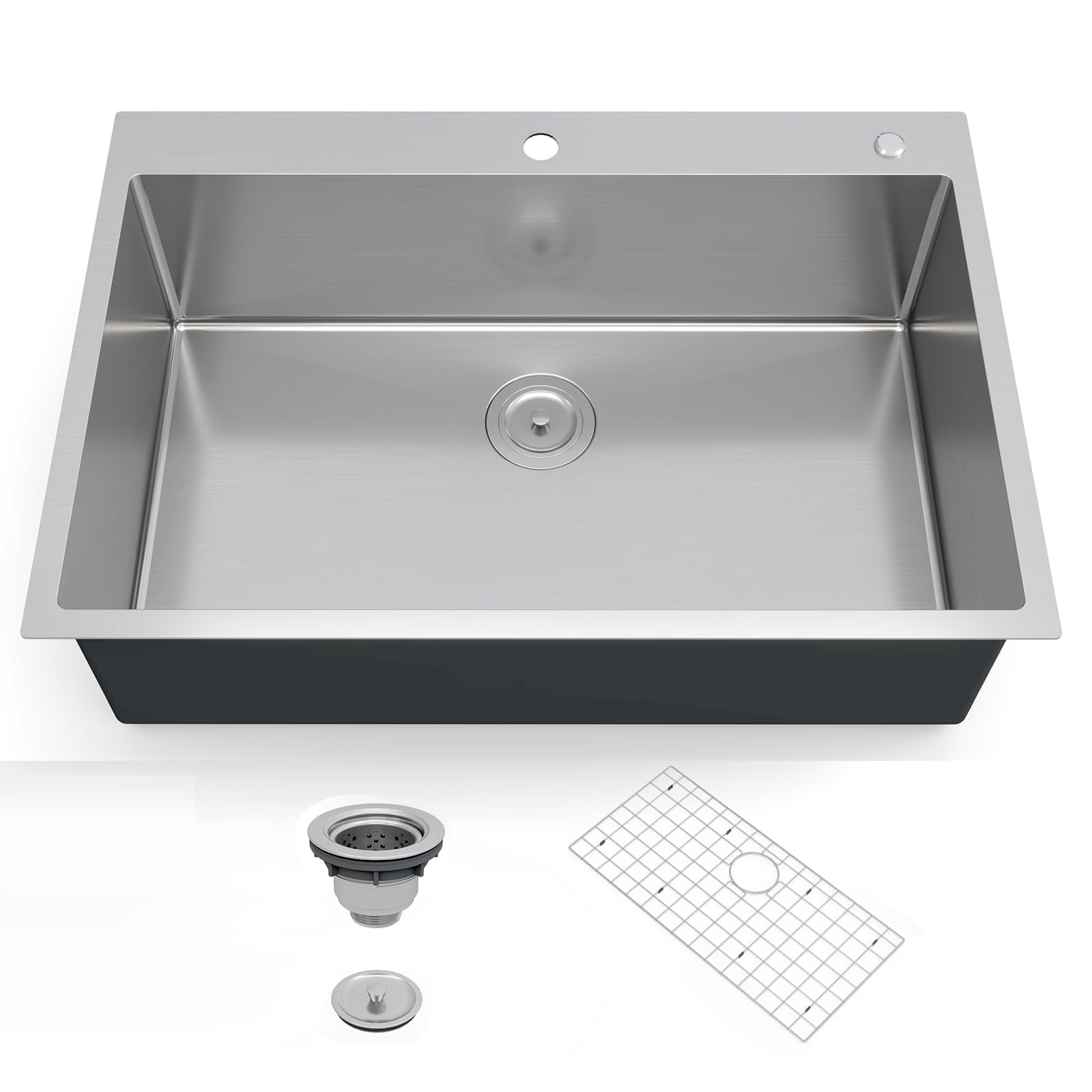36x22 Inch Drop-in Kitchen Sink, Single Bowl Flat Bottom Design, 16 Gauge 304 Stainless Steel Construction, 10 Inch Deep, Includes Bottom Grid and Drain Assembly