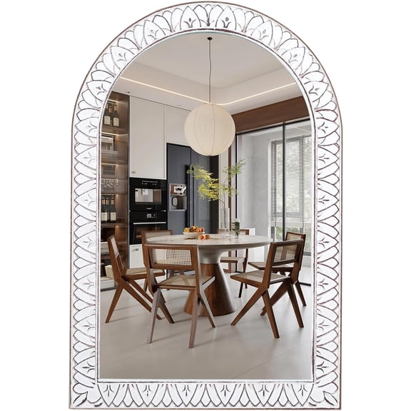 36x24 Inch Arched Wall Mirror with Wooden Frame, Rustic Farmhouse Decorative Arch Mirrors for Bathroom, Bedroom, Living Room, Entryway & Kitchen