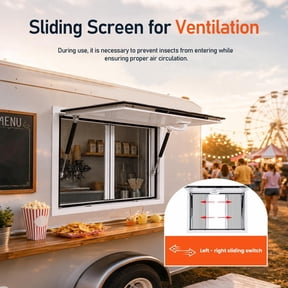 36x24 Inch Food Truck Service Window, Aluminum Rainproof & Sunshade, 85 with Hydraulic Rod & Drag Hook, Sliding Screen, Lockable Handle, for Trailers & BBQ Vehicles