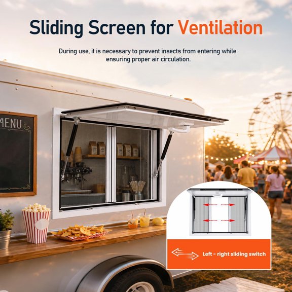 36x24 Inch Food Truck Service Window, Aluminum Rainproof & Sunshade, 85 with Hydraulic Rod & Drag Hook, Sliding Screen, Lockable Handle, for Trailers & BBQ Vehicles