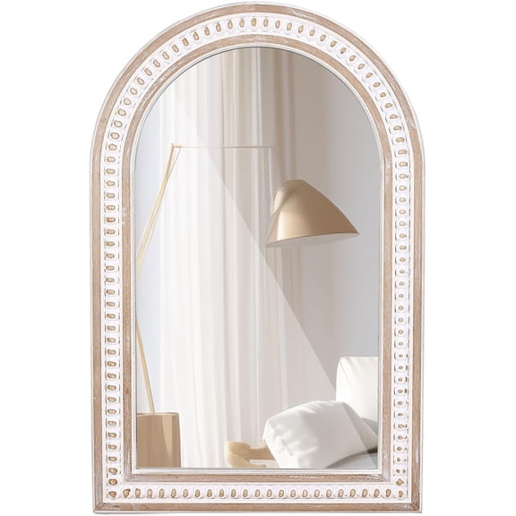 36x24 Inch Rustic Farmhouse Arched Wall Mirror with Beaded, Boho Decorative Arch Mirror for Bathroom Over Sink, Living Room, Entryway, Hallway