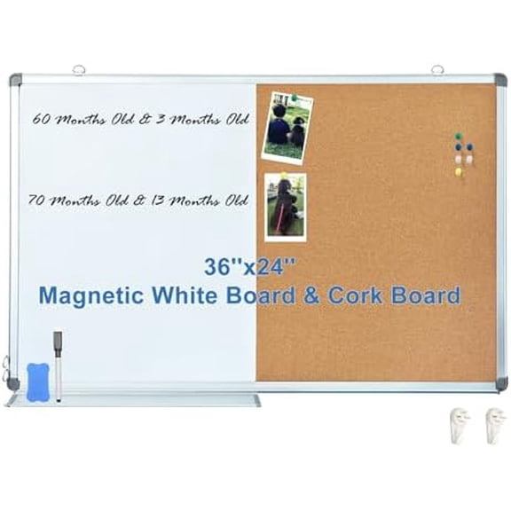 36x24 Inches White Board Cork Board Combo | Magnetic Dry Erase Board & Cork Pinboard in One | Wall-Mounted Office Home School Message Organizer$$Office