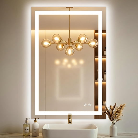 36x24 LED Bathroom Mirror, Front and Backlit, Anti Fog, Dimmable 3 Color Lighted  Mirror, Memory Function, Shatter Resistant Glass, Plug in or Hardwired