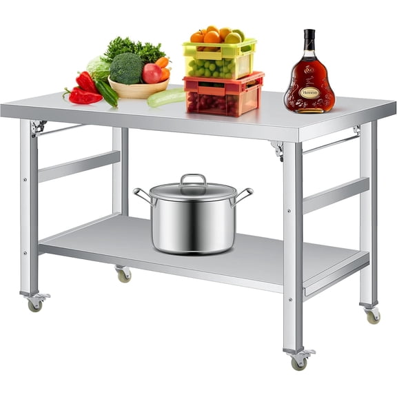 36x24 Stainless Steel Folding Work Table with Lockable Casters & Undershelf, Heavy Duty Commercial Prep Table for Kitchen Garage Camping, 920LBS Capacity