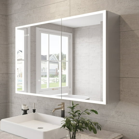 36x24 inch Bathroom Medicine Cabinet with Mirror and Light, Adjustable Lighting Aluminum Body Anti-Fog Mirror with Time and Temperature Display Built-in LED Sensor Light 2 USB Ports Wall-Mounted