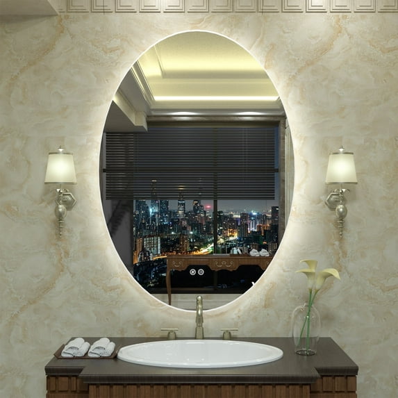 Apmir 36x24 Oval LED Wall Mirror with Backlit, Frameless Anti Fog LED Bathroom Vanity Mirror,Dimmable 3 Colors, Memory Function