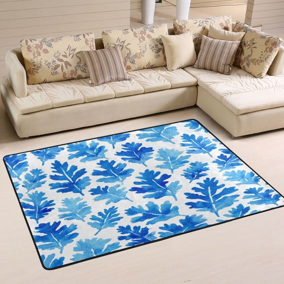 36x24in Area Rug Machine Washable Floor Mats Skid-Resistant Backing Carpet for Home Kitchen Bedroom Blue Oak Leaf Pattern