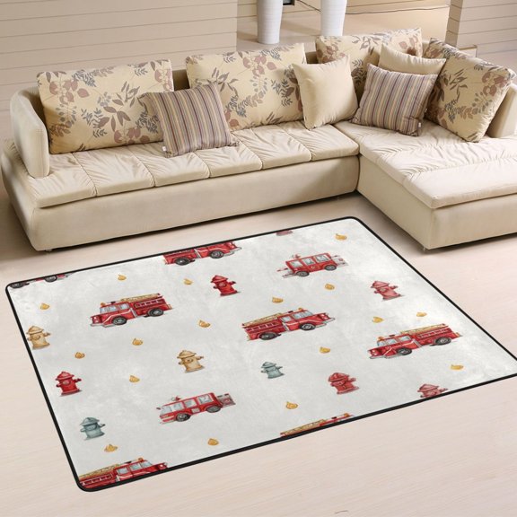 36x24in Area Rug Machine Washable Floor Mats Skid-Resistant Backing Carpet for Home Kitchen Bedroom Red Fire Trucks Pattern