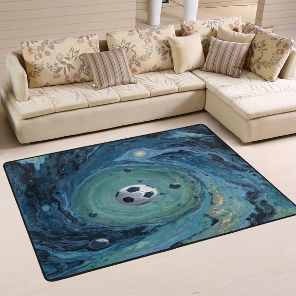 36x24in Area Rug Machine Washable Floor Mats Skid-Resistant Backing Carpet for Home Kitchen Bedroom Soccer Ball Floating in Space