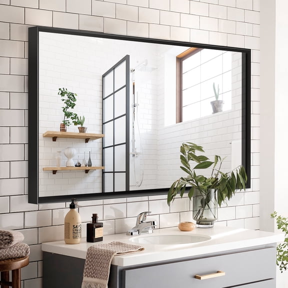 36x24inch Black Rectangular Bathroom Mirror Square Angle Metal Frame Wall Mounted Hanging Plates Wall Mount Mirror For Bathroom