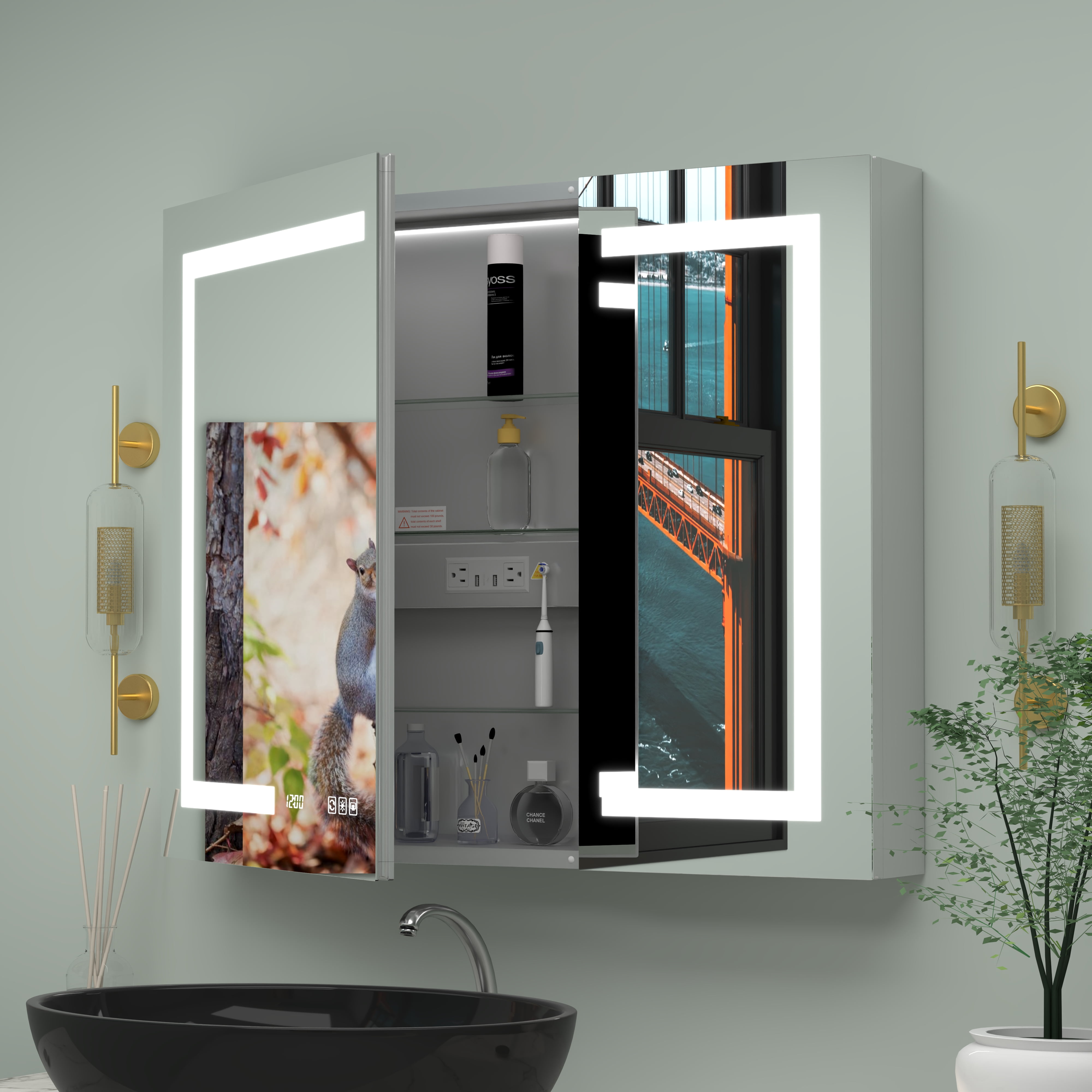 36x30” Lighted Medicine Cabinet, Anti-Fog, Clock, Thermometer, Surface ...