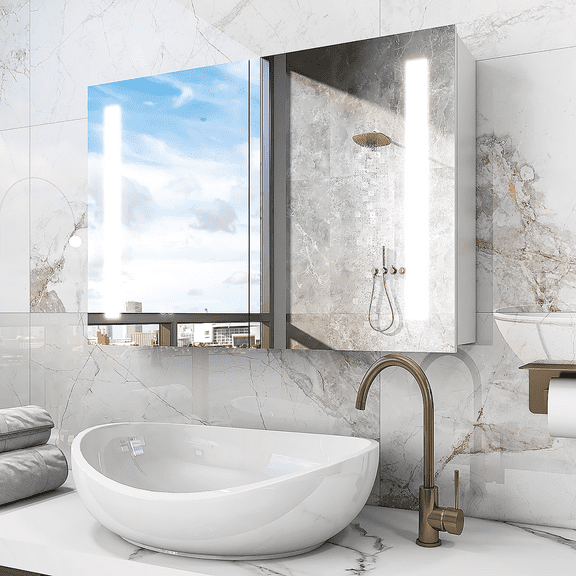 36x30 inch Bathroom Medicine Cabinet with Mirror and Light, Recessed or Wall Mounted Aluminium Large Storage Vanity Mirror Cabinet, Anti-Fog LED Lights