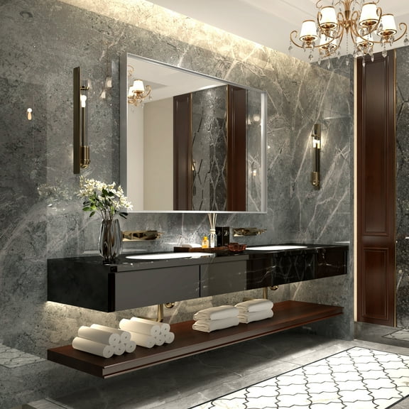 36x30inch Glossy Brushed Silver Framed Mirror For Bathroom Rectangular Wall Bathroom Mirror Metal Frame Farmhouse Mirror Large Decorative Square Corner Rectangle Mirror