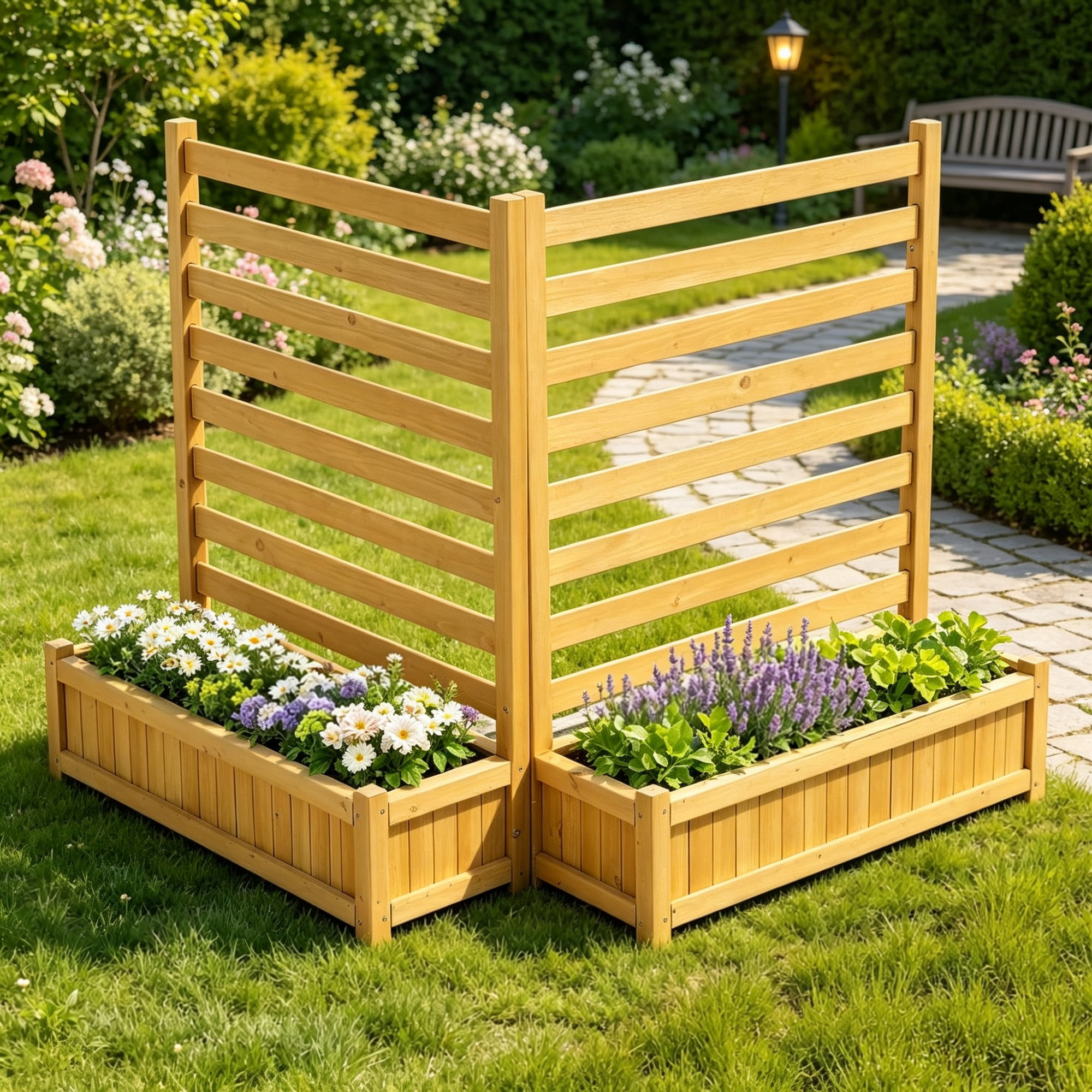 36x45 in Wooden Privacy Fence Screen, Cover with 2 Planters & Metal Stakes for Garden & Pool