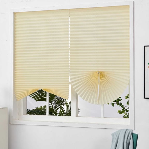 36x60 Inch Pleated Window Shades for Light Filtering and Privacy No Drill Temporary Blinds with Adhesive Tape in Beige for Bedroom