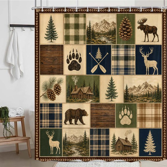 36x70 Inch Rustic Cabin Shower Curtain, Country Farmhouse Bathroom Decor Forest Bear Deer Wildlife Vintage Shower Curtain Sets with 12 Hooks, Hunting Camping Waterproof Fabric Bathroom Accessories