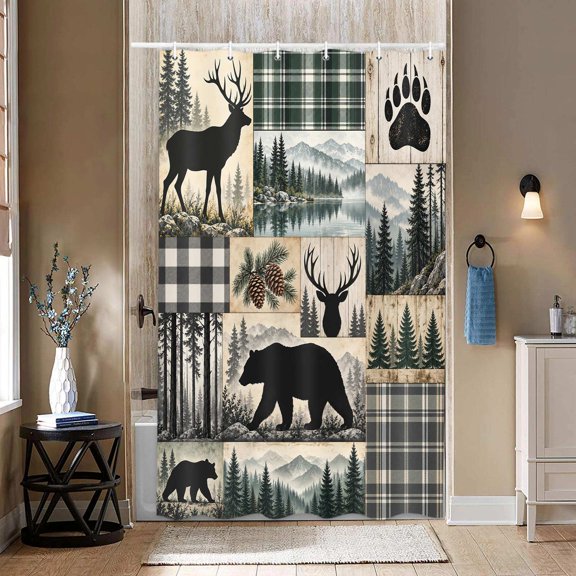 36x70 Inch Rustic Cabin Shower Curtain Farmhouse Patchwork Bear Deer Trees Woodland Wildlife Buffalo Plaid Waterproof Fabric Bathtub Curtain with 12 Hooks Vintage Lodge Mountain Forest Bathroom Decor