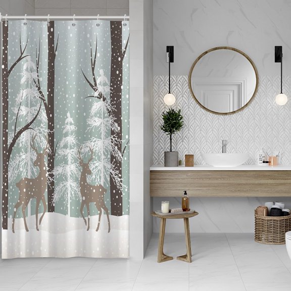 36x72 Inch Christmas Winter Fabric Shower Curtains, Xmas Tree Deer Wonderland Forest Polyester Bath Curtain Farmhouse Holiday Long Shower Curtain for Kids Bathroom Decor Waterproof with Hooks